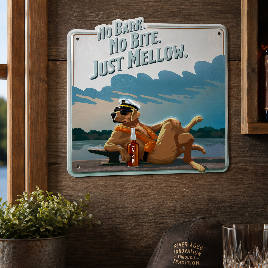 Decorative sign with a dog and whiskey bottle on a wooden wall, featuring the text 'No Bark. No Bite. Just Mellow.'